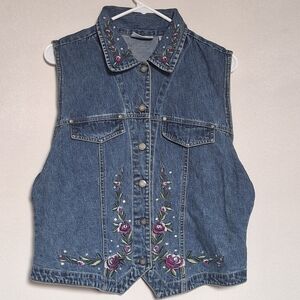 Bill Blass Vintage Blue Denim Jean Jacket With Floral Stiching L